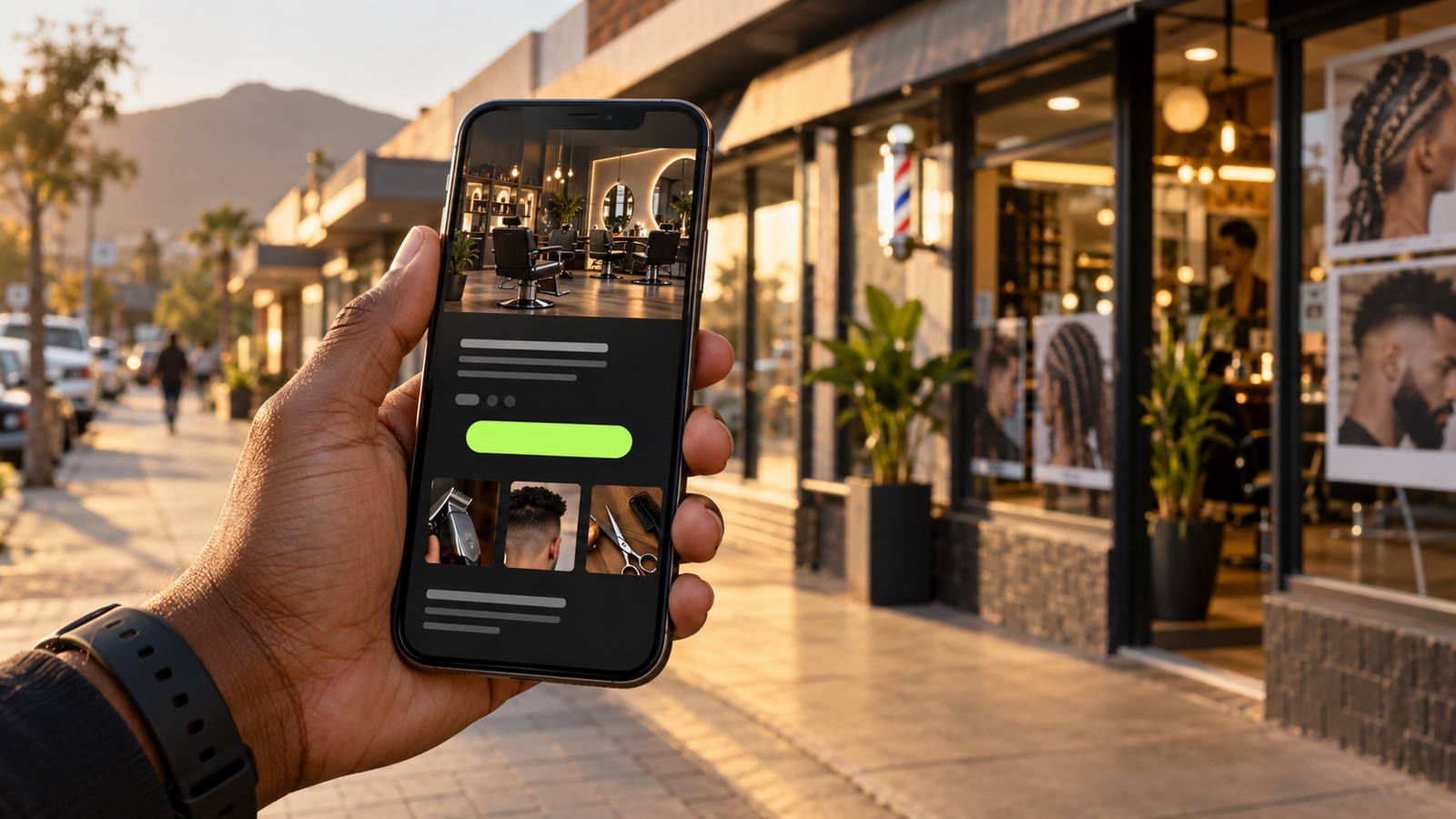 Illustrative photo of a phone held up outside a local barbershop